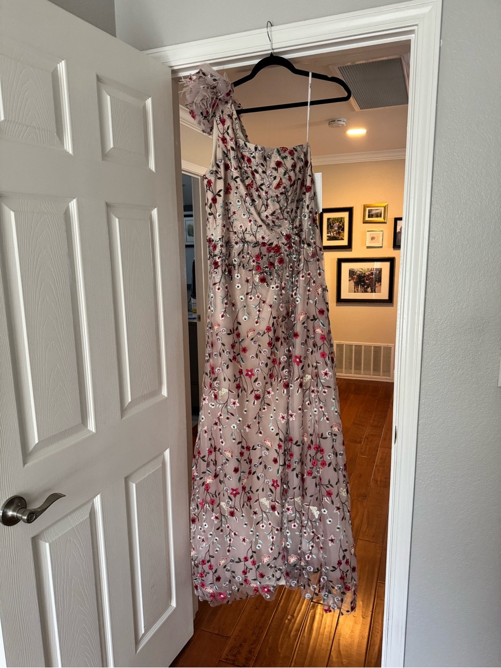 Mac Duggal Blush One-Shoulder Floral Embroidered Maxi Dress